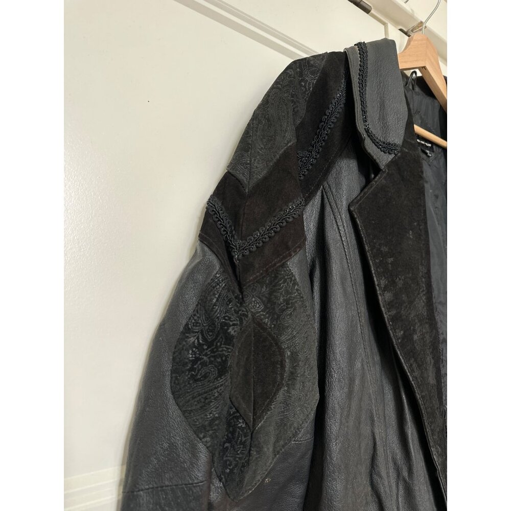 Vtg Pelle Leather Trench Coat Women Small 80s Long Embossed Mobwife Shoulder Pad - Picture 2 of 11